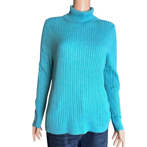 Talbots Cable Knit Cotton Blend Turtleneck Sweater Aqua XL Preppy Casual XL - Picture 1 of 4